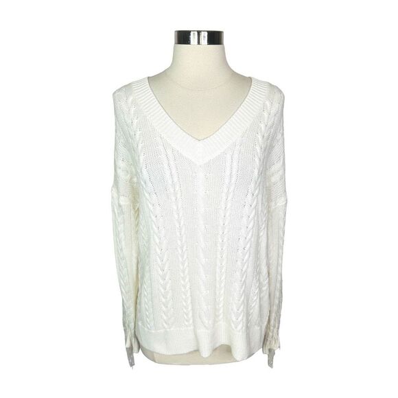 L’Agence Savanah Fringe V-Neck Cotton Knit Sweater - Ivory - Size Medium - Picture 2 of 7